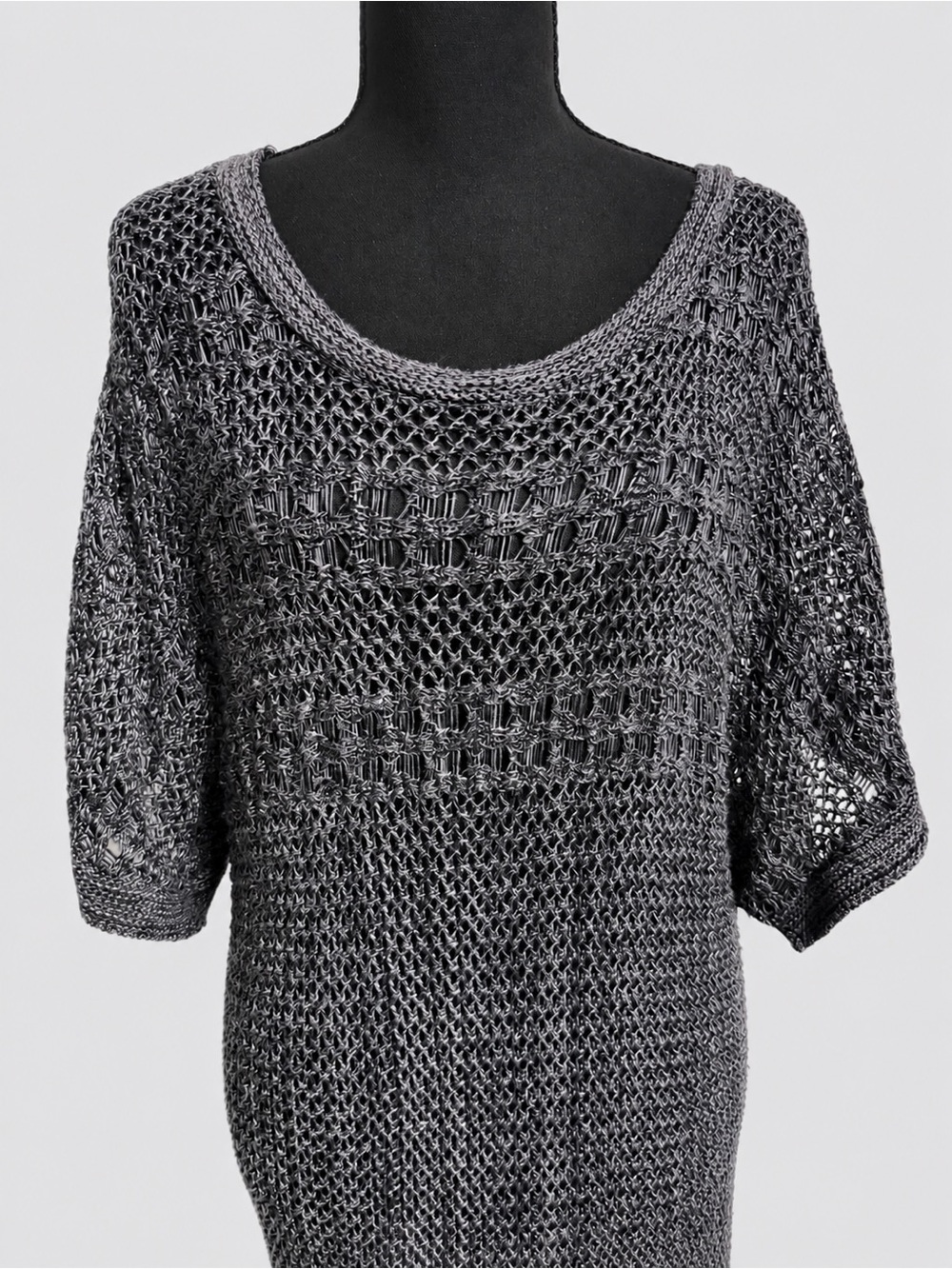 Dressbarn 2X Gray Open Knit Crochet Tunic Sweater Dolman Sleeve